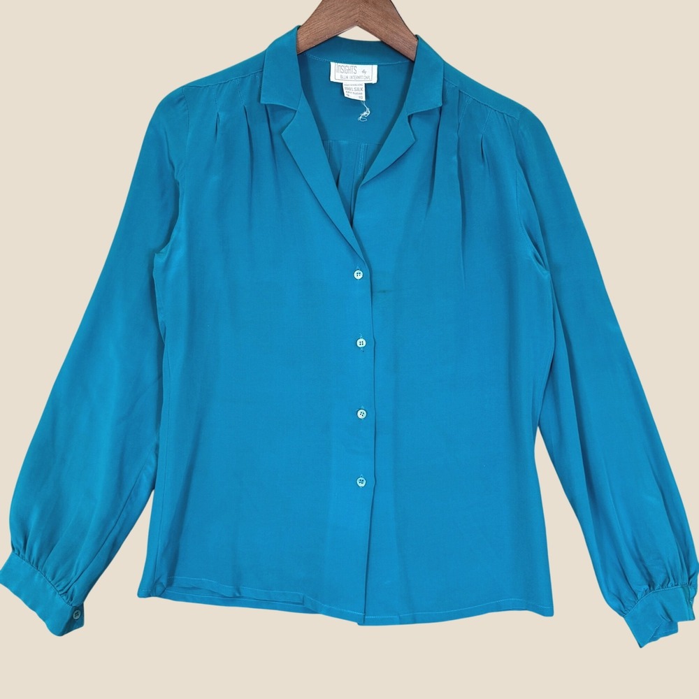 Vintage Insights Silk Shirt Women 10 Teal Long Sleeve Blum Hong Kong Blouse